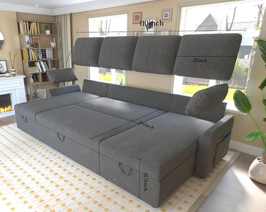 PaPaJet 110 Inch Sleeper Sofa, Oversized Pull Out Couch with Double Storage Chaise,U Shape Couches for Living Room, Gray