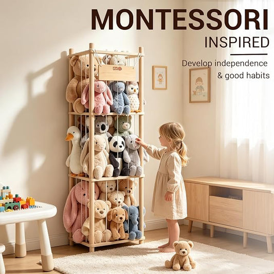 KiddoCood Kids CPC & TIC Certified Stuffed Animal Storage - 3-Tier Large Natural Solid Wood Plush Toy Organizer & Holder, Corner Solution for Playroom & Nursery, BPA-Free & Zero Glue, 53" H