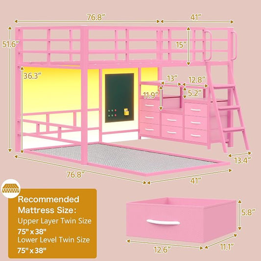 busyaeh Bunk Bed Twin Over Twin 8 Drawer & 4 Shelve, 15" H Safety Guardrail | bunk Bed with Desk, Low bunk bed with LED Lights & Charging Station,L-Shaped Bunk Beds with Stairs,Girls bunk bed,Pink