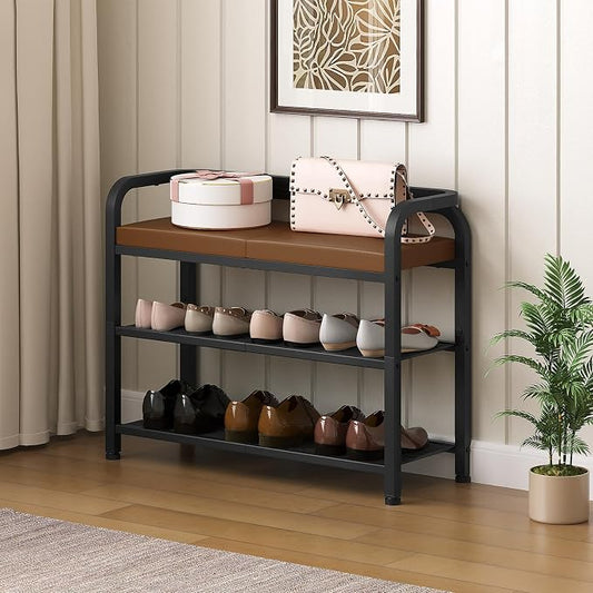 YATINEY Shoe Bench with Backrest, Entryway Bench, 2-Tier Shoe Rack with PU Padded Seat, Upholstered Shoe Storage Bench with Back, for Hallway, Entryway, Foyer, Bedroom, Brown and Black HX04BV
