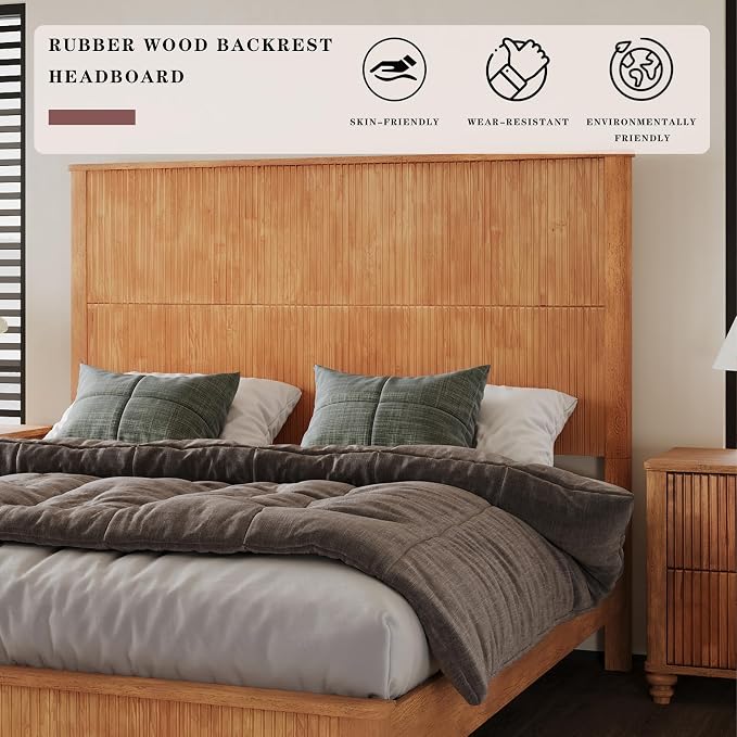 3-Pieces Bedroom Sets, Queen Size Platform Bed with 2 Nightstands, Solid Wood Platform Bed Frame with Tall Headboard and Classic American Turned Legs (Natural, Queen)