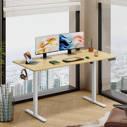 DEVAISE 63 Inch Electric Standing Desk, 3 Adjustable Computer Desk for Home Office, Ergonomic Sit to Stand Desk with LED Touchscreen,Headphone Hook, 3 Memory Preset, with Split Top, Maple