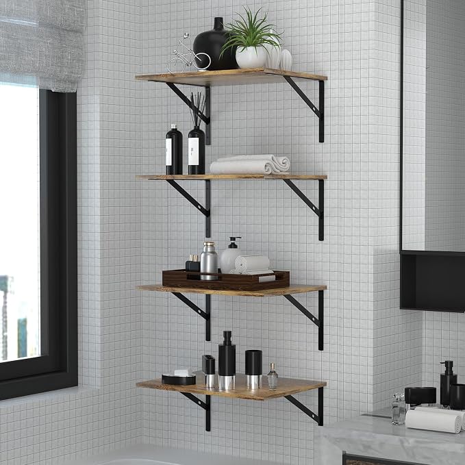 Deep Floating Wall Shelves - 4 Sets of 12 Inch Wide Rustic Brown Wood Shelves for Bathroom, Bedroom, Kitchen, Living Room