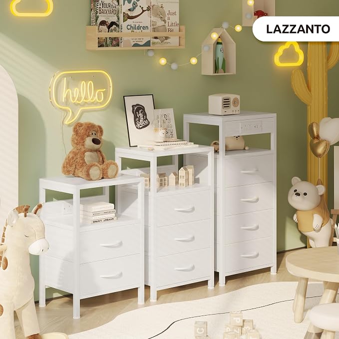 Lazzanto NightStand Bedside Charging Table Bedroom - White Night Stand with Charger Station, USB-C USB Ports & AC Outlets for Dorm, Modern End Table with Open Shelf & 3 Fabric Drawers