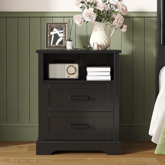 ChooChoo Farmhouse Night Stands with Charging Station, Wood Nightstand Set of 2 with 2 Drawers, Bedside Table with Open Storage Shelf for Bedroom, Black