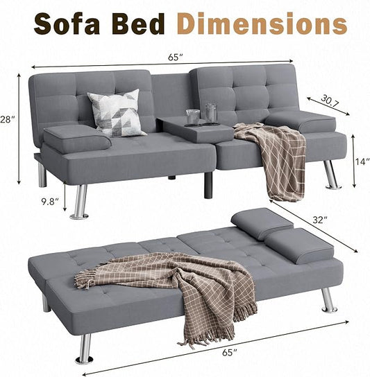 Shahoo Modern Linen Upholstered Convertible Folding Futon Sofa Bed with Removable Armrests, Metal Legs, 2 Cup Holders for Living Room, Light Grey