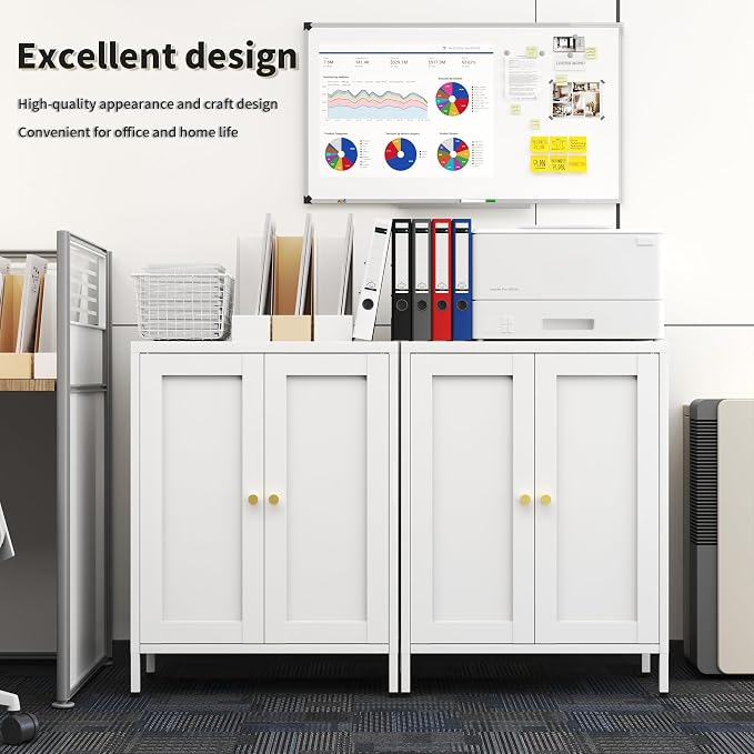 White Metal Storage Cabinet with 2 Doors - 31.5''H Bathroom Floor Storage Cabinet, 3 Tier Locker with Adjustable Shelves, Bathroom Cabinet for Office, Home, Living Room, Kitchen