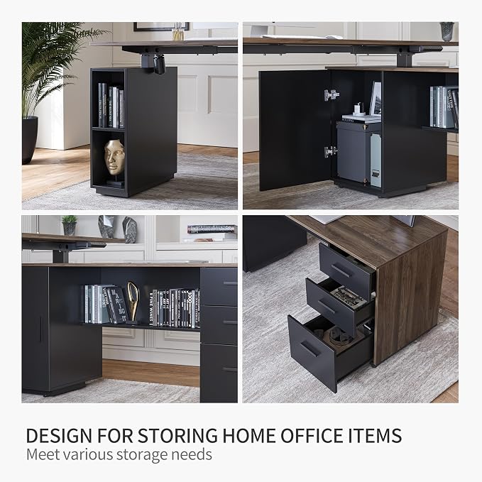 FEZIBO 63" L Shaped Standing Desk with Storage, Executive Height Adjustable Table, Deep Wood Grainy