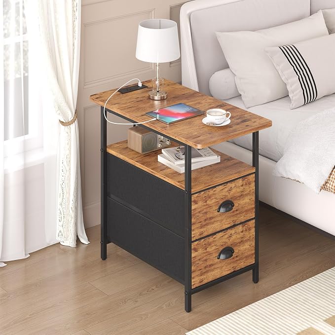 sthmec End Table with Charging Station, Narrow Side Table with 2 Drawers, Nightstands with Drawers, USB Ports & Power Oulets,Slim Sofa Side Tables for Small Spaces,Living Room,Bedroom,Rustic Brown
