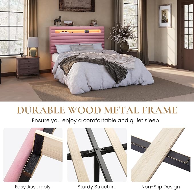SHA CERLIN Full Bed Frame with LED Light & 2-Tier Storage Shelf, Velvet Upholstered Adjustable Headboard with Charing Station, Horizontal Channel Tufted, No Box Spring Needed, Easy Assembly, Pink