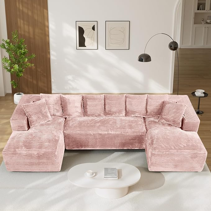 131" Oversized U Shaped Cloud Sectional Couches for Living Room, Comfy Fluffy Corduroy Pink Boneless Sectionals Couch, Plush Memory Foam Modular Sectional Sofa with Chaise- 19" Seat Height