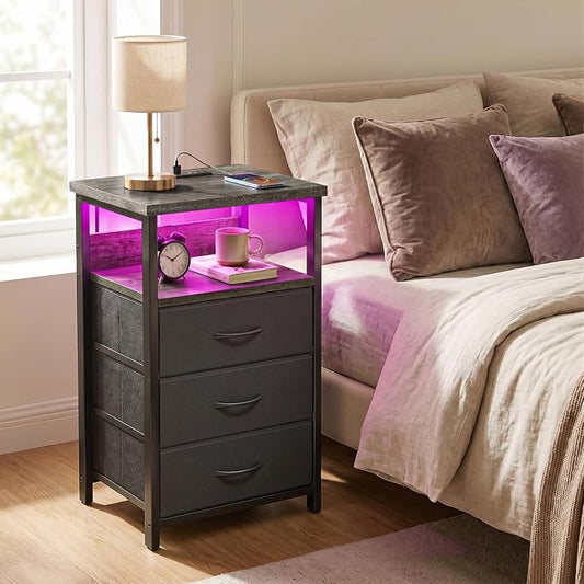 Fixwal Night Stand with Charging Station, LED Nightstand with U-S-B Ports and Outlets, 3 Fabric Storage Drawers with PU Finish, Bed Side Table, Charcoal Gray