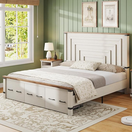 AMERLIFE 2 Pieces Farmhouse Bedroom Set, Includes Wood Rustic King Size Bed Frame with 51" Tall Headboard, 48" Tall 5 Drawers Dresser Chest, Heavy Duty Thick Plank Styling, Antique White