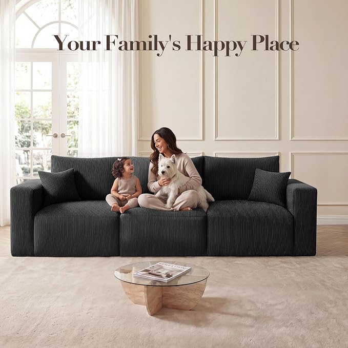 Modular Sectional Sofa, 115" Memory Foam Cloud 3-Seater Boneless Couch, Cozy Upholstered Corduroy Frameless Sofa, No Assembly Required Extra Wide Seating for Living Room & Apartment, Black