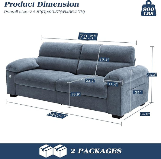 WorthFurni Sofas for Living Room, Chenille Pillow-Armrest Loveseat Couch Set, Small Sofa, 3 Seater Sofa, USB Charging, Removable Sofa Cover, Solid Wood Frame, Easy to Install (90.5 inch, Blue)