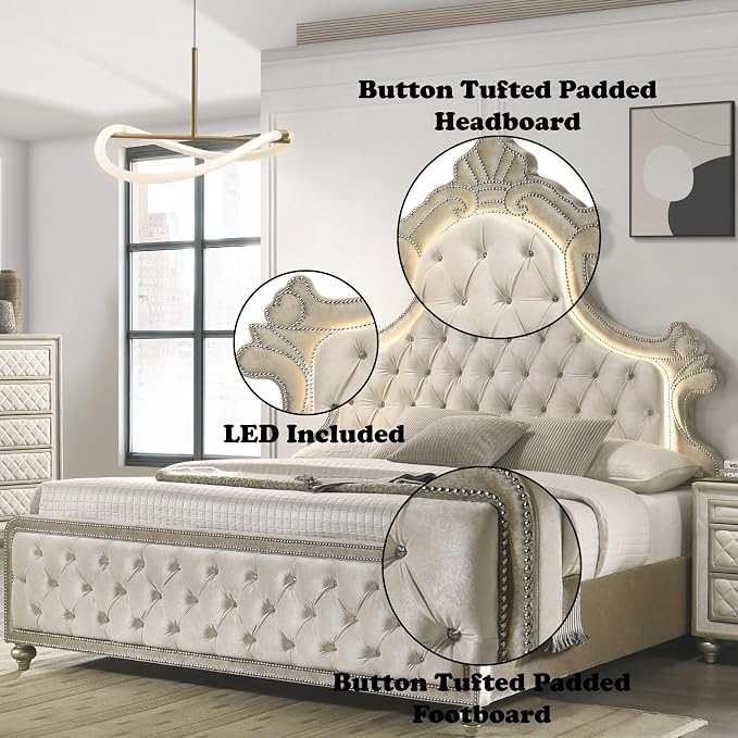 Acme Lucienne Velvet Upholstered Eastern King Bed with LED in Beige