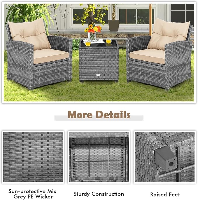 COSTWAY 3PCS Patio Furniture Set, PE Rattan Wicker Sofa w/Washable Cushion and Coffee Table, Tempered Glass Tabletop, Outdoor Conversation Set for Balcony, Porch, Yard, Backyard, Lawn (Beige)