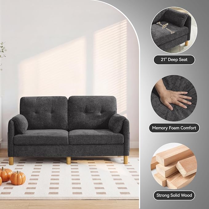 65" Loveseat Sofa, Mid Century Loveseat Couch for Living Room with Storage Pockets, Upholstered Small Loveseat for Small Spaces, Bedroom, Home Office, Apartments, Small Sofa Chenille Dark Grey