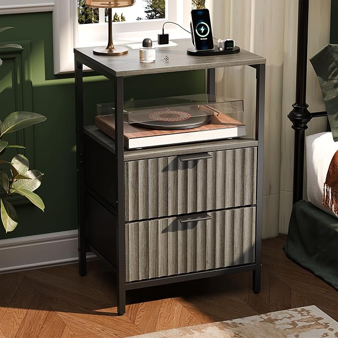VINGLI Night Stand Set 2 with Charging Station and Fabric Drawers, Fluted Grey Night Stand Set of 2, Gray Nightstand with Drawers, Grey Bedside Tables/End Tables for Bedroom, 14.96"W*11.81"D*23.78"H