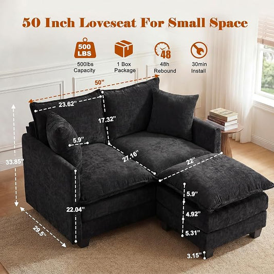 50'' L-Shape Loveseat Sofa with 22" Ottoman, 2 Seat Modern Cloud Couch with 2 Washable Pillows for Small Space Apartment Office Living Room Bedroom, Black