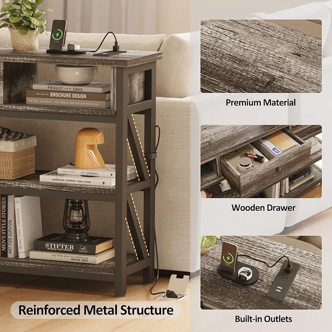 Mexin Console Table with Outlets and USB Ports, Entryway Table with Drawer Storage Shelves, Industrial Wood Hallway Sofa Table for Living Room, Couch, Foyer Table, 47 Inch Grey Oak