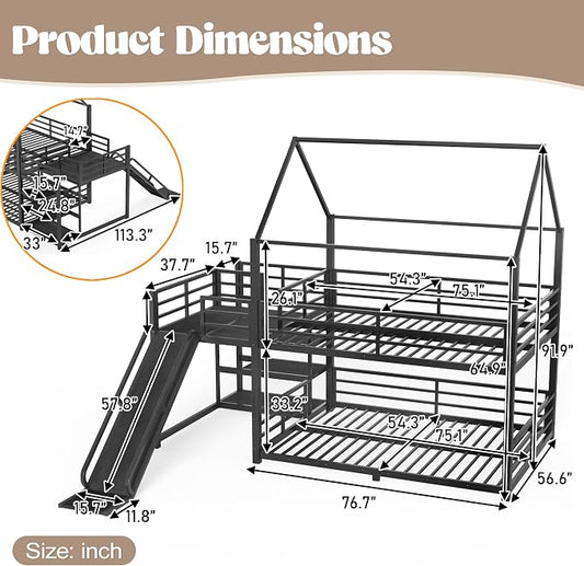 Harper & Bright Designs Floor Bunk Bed Full Over Full with Storage Stairs and Slide, Metal House Bunk Bed with Full Length Guardrails, No Box Spring Required, Noise Free, Space Saving, Black