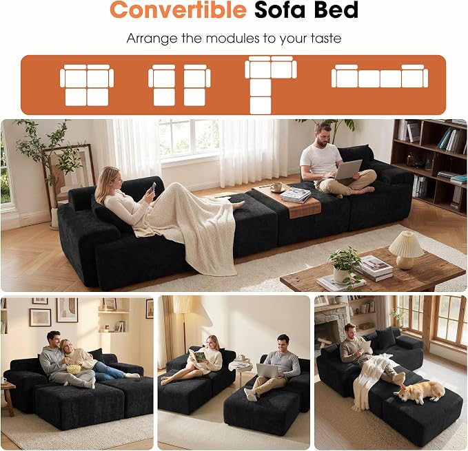 83.5" Boneless Loveseat with 2 Ottoman, Cloud Comfy Sofa Bed, Modular Sofa for Living Room, Apartment, Bedroom, Hotel, No Assembly Required (Dark Gray)