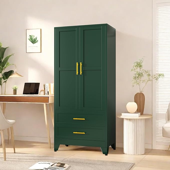 PAOFIN Green 71" Metal Armoire Wardrobe Closet, Bedroom Clothing Storage Cabinet with 2 Drawers and Hanging Rod, Freestanding Armoire Cabinet with Adjustable Shelves