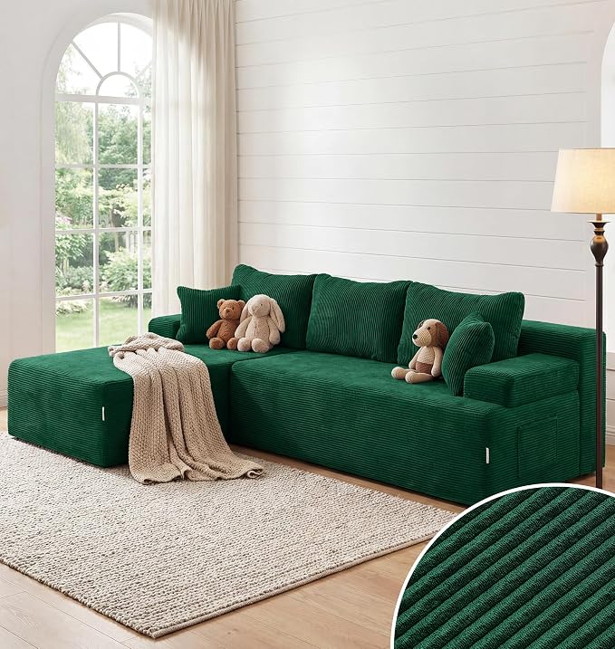 Hobestluk Modular Sectional Sofa Couches L-Shape Couch 3 Seat Modular Sofa Memory Foam Sectional Couches for Living Room, Cloud Couch with Oversized Chaise (Green Corduroy, 96", Left Hand Facing)