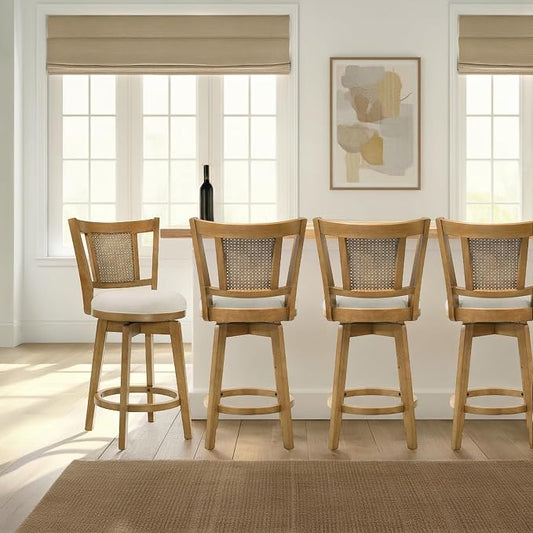 Armen Living Isla 30 in. Amber Glow Bar Height Rubberwood Swivel Barstool with Ivory Fabric Seat - Set of 4