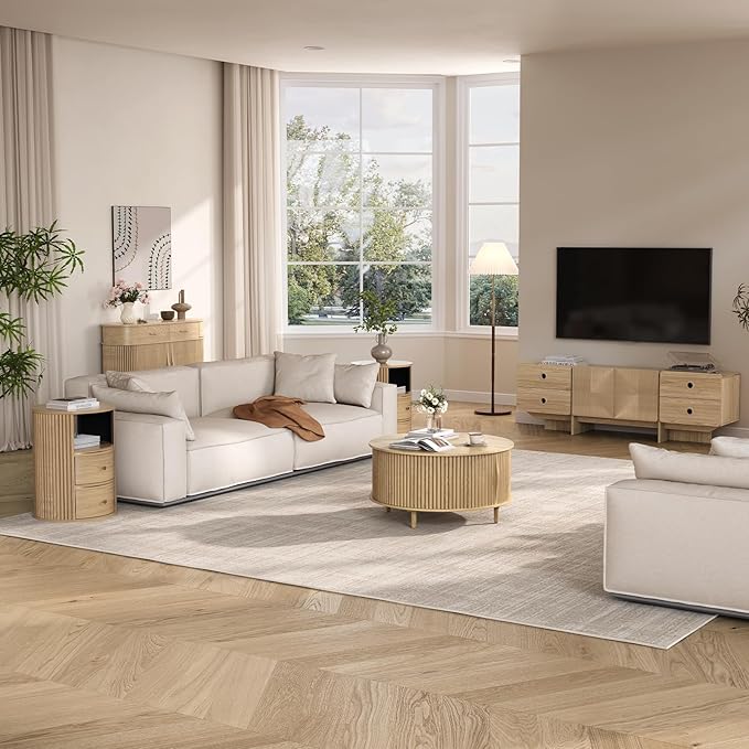 Round Coffee Table with Storage, 31.5" Mid Century Modern Coffee Table with Sliding Door & Solid Wood Legs, Minimalist Fluted Center Table for Living Room, Home Small Space, Oak
