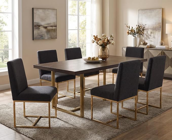 CIMOTA Black Modern Dining Chairs Set of 4, Upholstered Linen Dining Room Chairs Armless Side Chair with Gold Base for Kitchen, Charcoal Black, 4PCS
