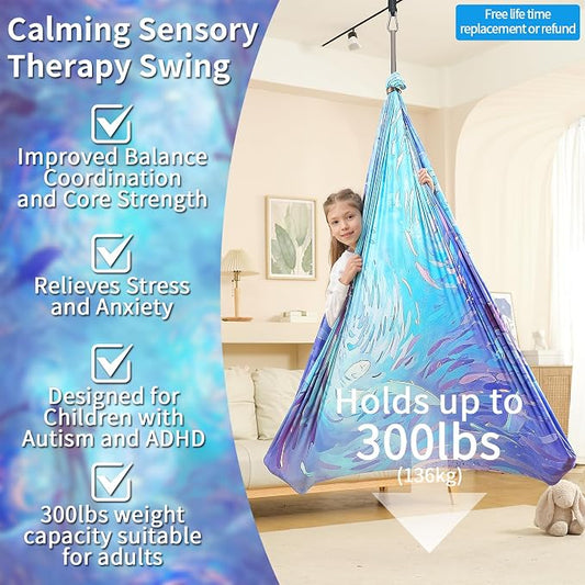 Sensory Swing for Kids Indoor & Outdoor Double Layer Therapy Cuddle Hammock Chair with 360 Swivel Hanger Kit Adjustable Swing for Child and Adult with Aspergers Autism ADHD (Cerulean)
