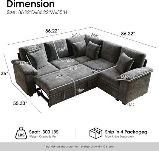 86" Modular Sectional Sleeper Sofa with Pull Out Bed, L Shaped 5 Seat Couch with 151L Storage, Convertible Cloud Couch Bed, Sectional Couches for Living Room, Apartment (Gray)