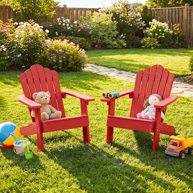 Costzon Kids Adirondack Chair, All-Weather HIPS Toddler Outdoor Chair, Wooden Textured Plastic Fire Pit Chair, Kids Patio Chair for Backyard Lawn Garden, Fits Children Age 3-7 Years (1, Red)