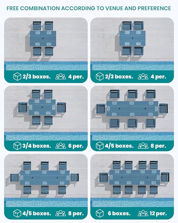 SERWALL HDPE Dining Set for 8: 2 Umbrella Hole Tables + 8 Chairs. for Garden, Backyard, Poolside. Blue