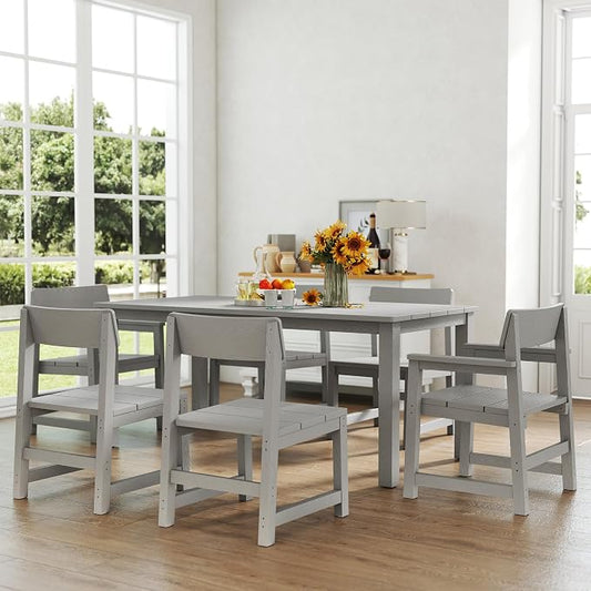 Jocoevol Patio Dining Sets 7 Piece HIPS Outdoor Dining Table Set with Umbrella Hole Table and 6 Chairs Furniture for Backyard Poolside Garden, Grey