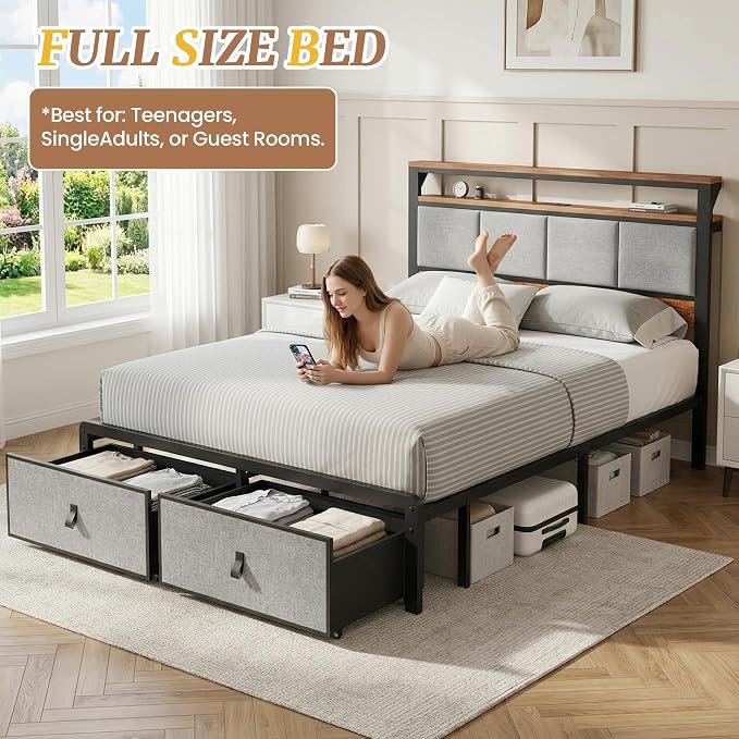 Upholstered Full Bed Frame with 2-Tier Storage Headboard, Metal Platform Bed with Charging Station, Full Size Bed Frame with 2 Under Bed Storage Drawers, No Box Spring Needed, Noise-Free