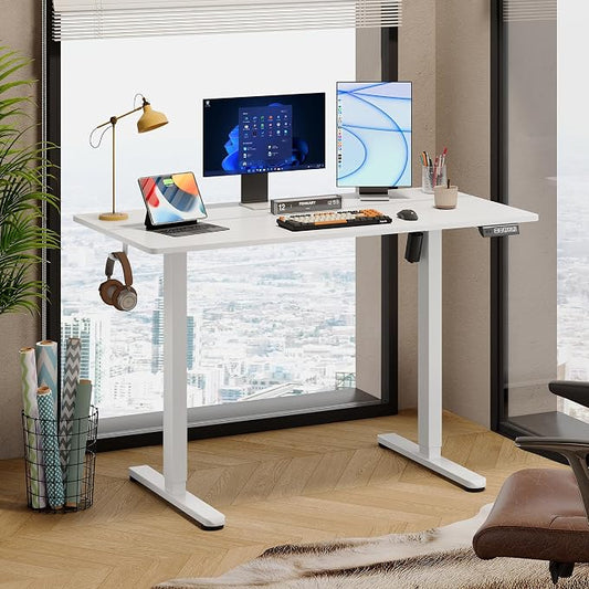 DEVAISE 48 Inch Electric Standing Desk, 3 Adjustable Computer Desk for Home Office, Ergonomic Sit to Stand Desk with LED Touchscreen,Headphone Hook, 3 Memory Preset, with Split Top, White