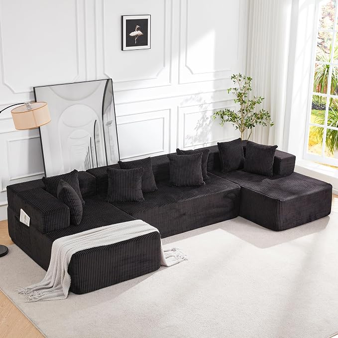 HOMREST 131" Cloud Memory Foam Sofa with Chaise Lounge, Boneless Corduroy Deep Seat Modular Sectional Couch, Large U-Shaped Floor Sofa for Living Room & Apartment, No Assembly Required, Black