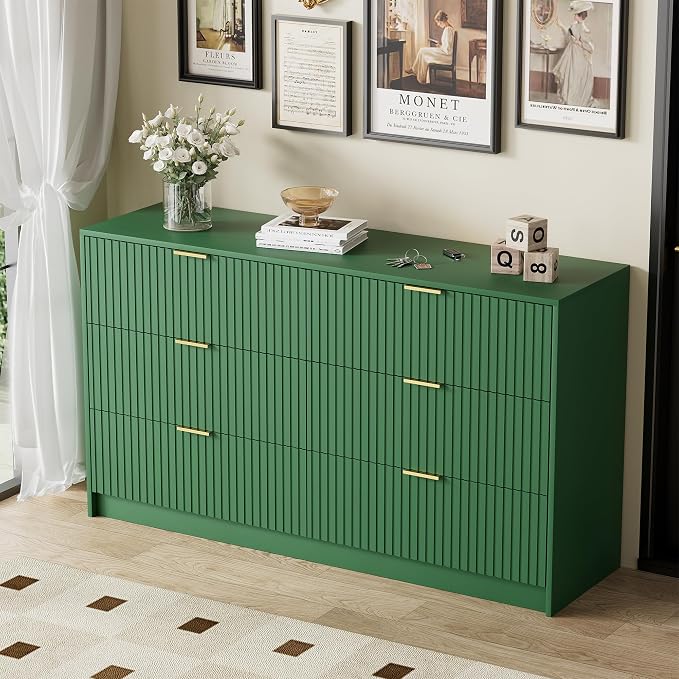 Furniway Green Dresser for Bedroom, Modern Dresser with 6 Drawers and Smooth Slides, Wide Chest of Drawers with Golden Handles for Bedroom, Living Room, Closet, 15.7" D x 55.1" W x 31.4" H