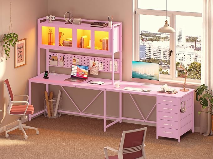SEDETA L Shaped Gaming Desk with Drawers, L Shaped Computer Desk with Hutch and Storage Shelves, Gaming Desk with Pegboard, Led Lights, and Power Outlet, Home Office Desk, Corner Desk, Pink