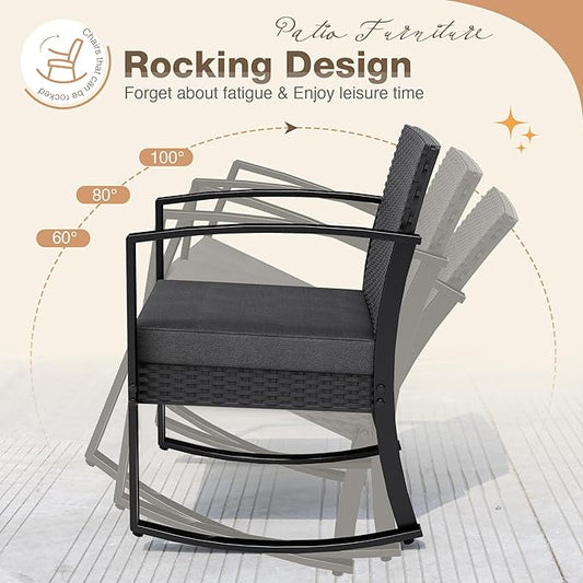 Greesum 3 Pieces Outdoor Furniture Set Patio Bistro Rocking Chairs with Glass Coffee Table for Pool Beach Backyard Balcony Porch Deck Garden, Black