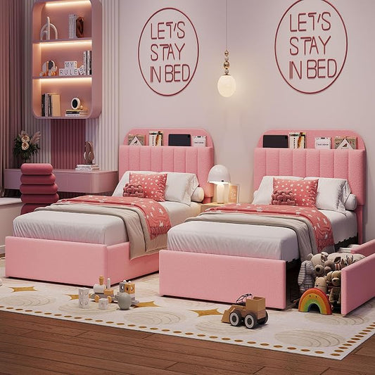 Garvee Twin XL Size Bed Frame with 2 Flexible Drawers, Boucle Upholstered Platform Bed Frame with Bookcase Headboard, Bedframe for Kids/Girls, Easy Assembly, No Box Spring Needed, Noise Free, Pink
