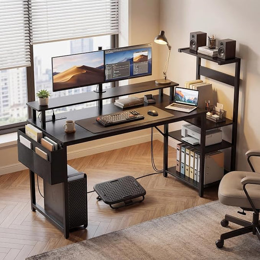 Apicizon 54 Inch Gaming Desk with LED Setup Style, Large Computer Desk with Storage Shelves & Dual Monitor Stand, Reversible Workstation for Small Space, Home Office Desk with Side Pocket