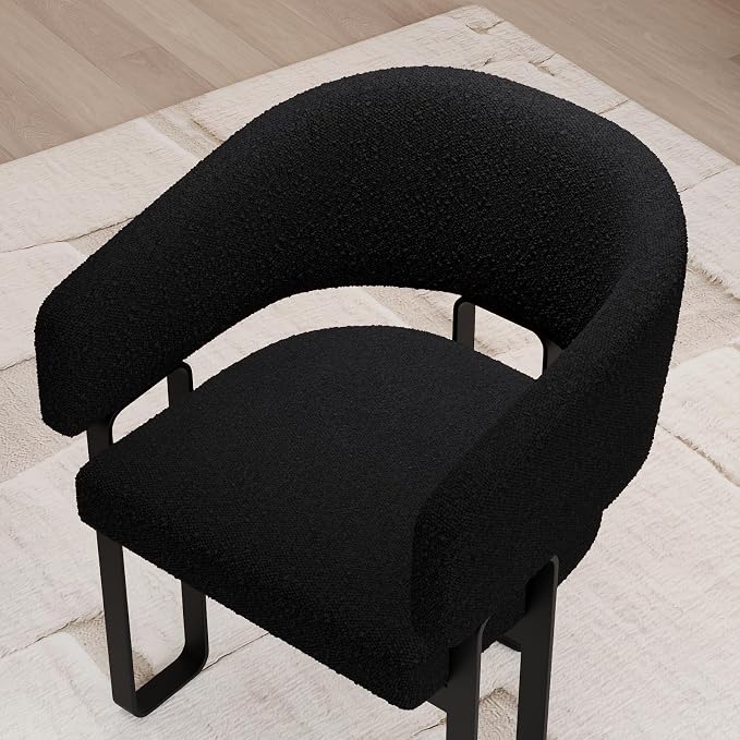 Modern Barrel Dining Chair, Black Boucle Kitchen Chair with U-Shaped Stainless Steel Legs, Armchair with Open Back for Living Room Bedroom Makeup Room
