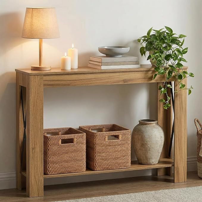 YATINEY Farmhouse Console Table, 39.4'' Small Narrow Entryway Table, Wood Couch Table Behind Sofa with Storage Shelf, Slim Farmhouse Hallway Table for Living Room, Hallway, Foyer, Light Walnut CT34VV