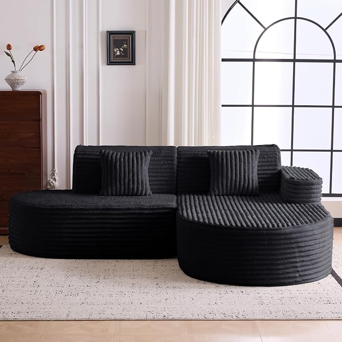 Modern Curved Boneless Sofa Couch, L-Shaped Corner Sofa, Corduroy Upholstered Cloud Sectional Couch for Living Room, Bedroom and Apartment,No Assembly Needed(Black, Right Hand Facing)