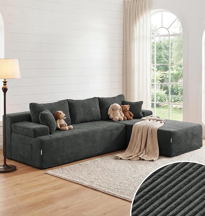 Hobestluk Modular Sectional Sofa Couches L-Shape Couch 3 Seat Modular Sofa Memory Foam Sectional Couches for Living Room, Cloud Couch with Oversized Chaise (Grey Corduroy, 108", Right Hand Facing)