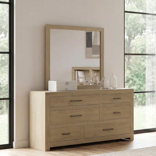 Coaster Home Furnishings - Hendricks - Wood - 6-Drawer Dresser with Mirror with Asymmetrical Drawers, Gunmetal Pulls, and Square Edges - Bedroom - Light Oak - 222653M